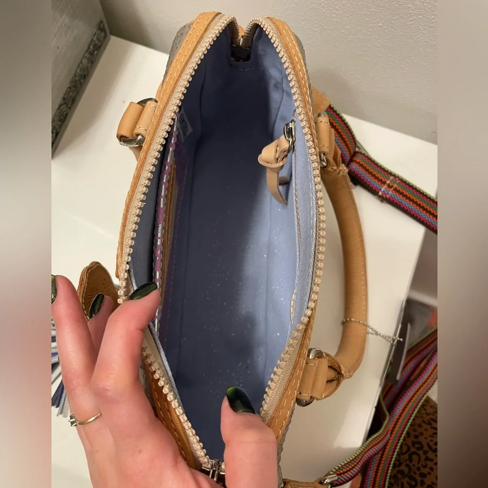 Consuela Tan & Gray Crossbody Bag with Multicolor Strap